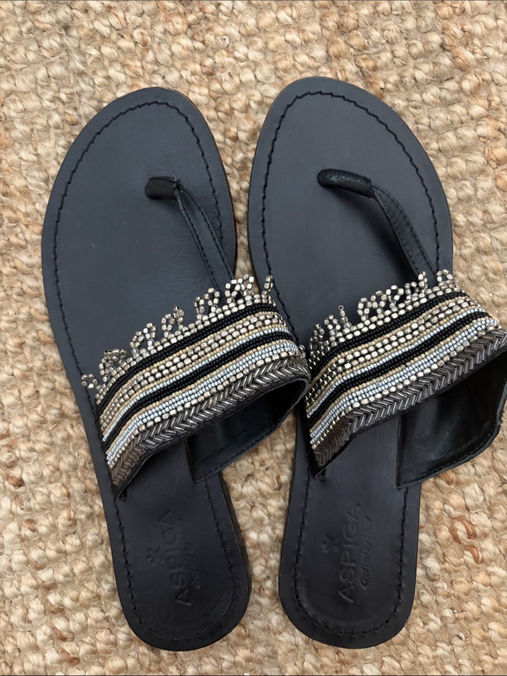 Aspiga Monika Black Leather Beaded Sandals